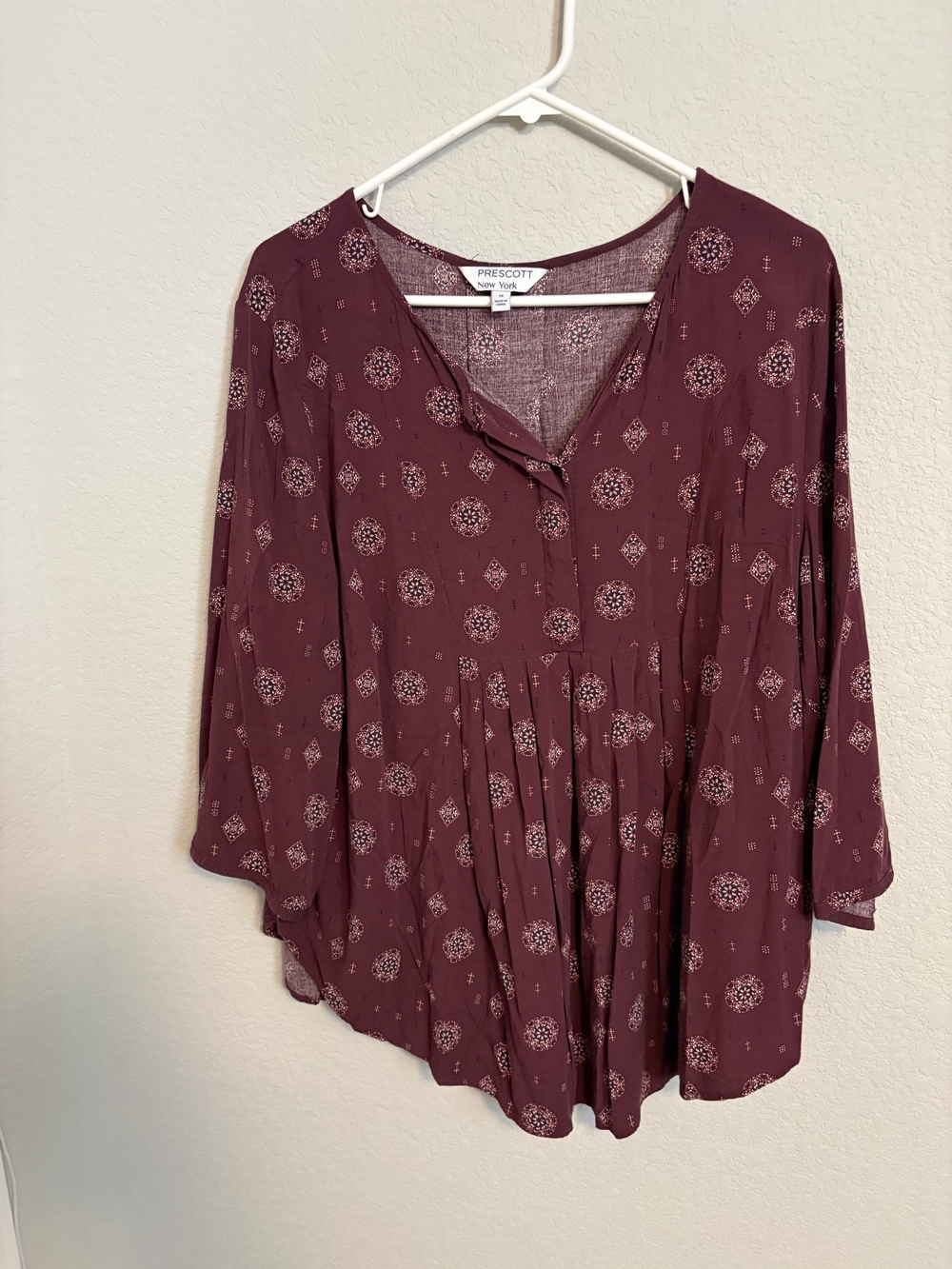 Prescott New York Maroon Burgundy Medallion Print 3/4 Sleeve Blouse Top XL